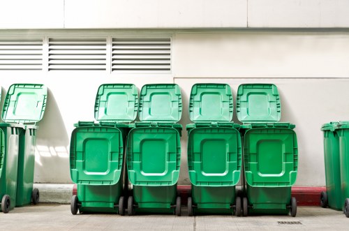 Labelled hazardous waste containers awaiting specialist handling